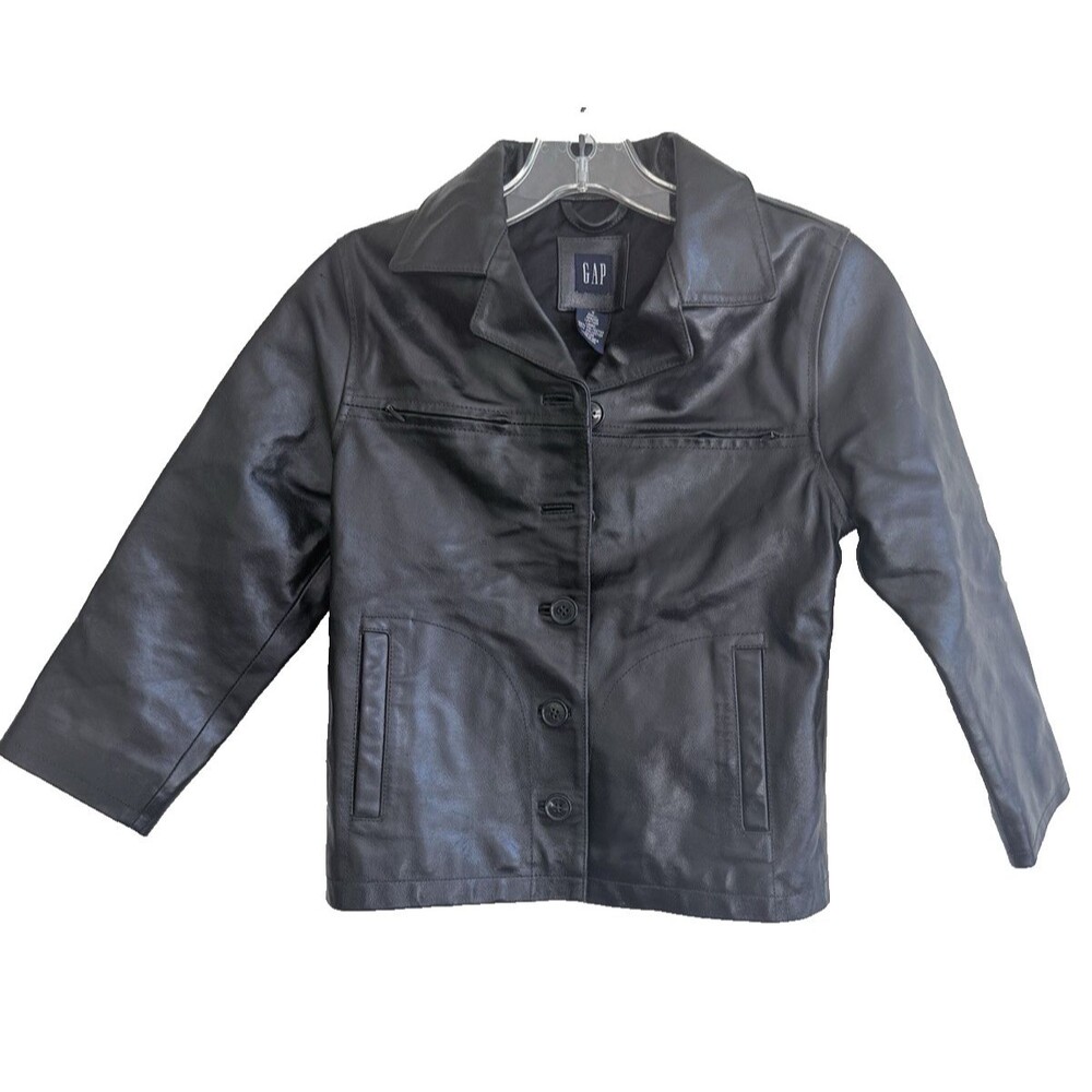GAP Kids Black Genuine 100% Leather Jacket Coat Girls Size S (6/7)